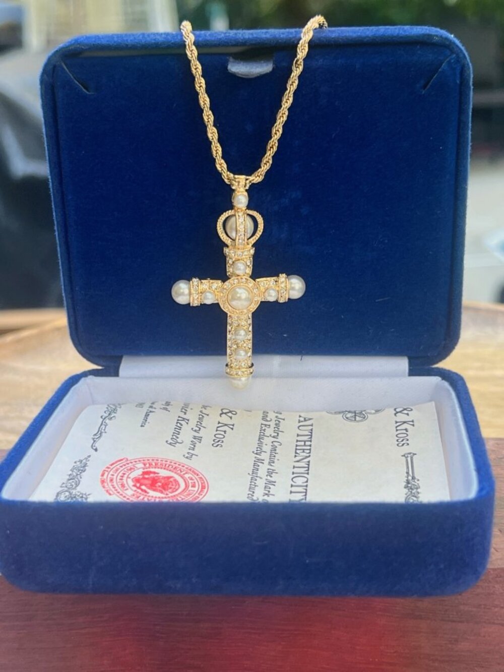 Camrose & Kross Gold-Tone Cross Necklace With Pearl & Crystal Accents Rope Chain